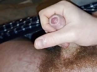 Jerking a pretty cock and making it cum a big stream (small uncut penis)