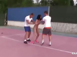 Cutie fucked by two tennis players