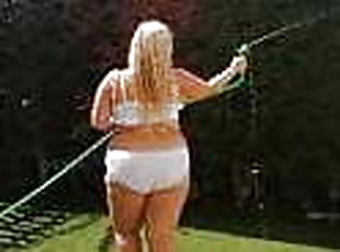 White panties splashing and flashing in the garden, BBW MILF