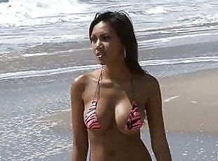Cute brunette in coral micro bikini, Chaya