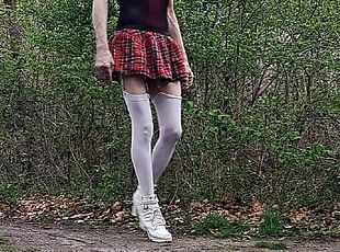 Big cock amateur crossdresser exhibition in drill schoolgirl outfit garter belt and heel