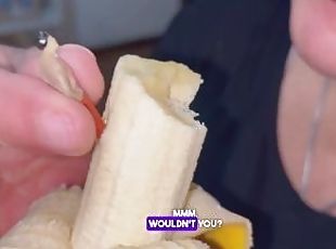 Mia giantess BBW eats a banana with her tiny