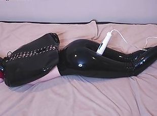 Tiny Bondage Slut Trying To Get Off In A Latex Armbinder And Breath Play Hood