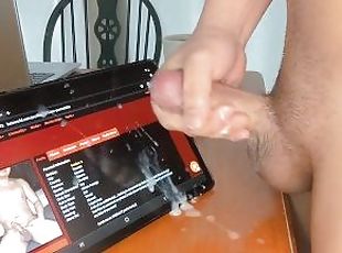 thick cock asian guy cums on a tablet and scrolls the page with his semen  Ethan Ki