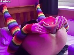 Size Queen Femboy Raine stretched by HUGE TOYS!