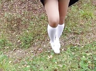 Schoolgirl in white knee socks walk nature foot feet fetish under skirt