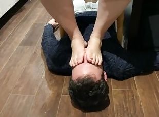 Girlfriend uses my face as footstool as she works