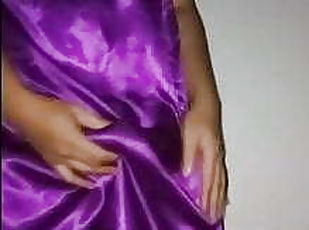 Cum with shiny satin purple dress