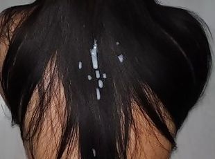 Sexy slender brunette gets cum on luxurious hair