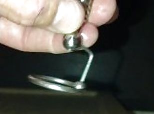 1st Time trying out my new stainless steel hollow beaded urethral probe w/ cock ring, not ready 4 it