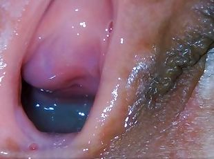 Extreme close up! Cum flowing and dripping into pussy!