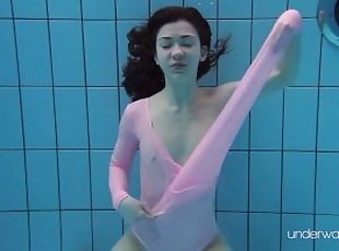 Roxalana Cheh wearing pink dress in the pool