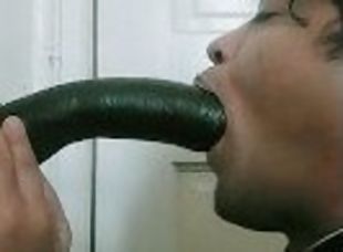 Femboy worshipping Black dildo