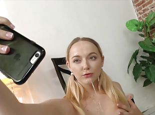 Pervy Big-Titted Chick Makes Selfie With Her Cum-Dripping Mouth