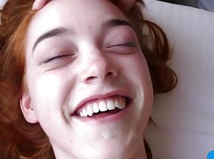Slender redhead teen fucked by 2 horny old guys in bed