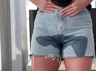 Girl desperate pee in jeans at home
