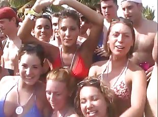 Horny crowd watch cutie flash big boobs at beach party