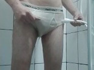 Hot twink with white brief in the shower - amateur homemade cum shot