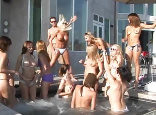 Bikini party girls get laid in a group scene