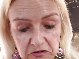 Skinny hairy-pussy blonde grandma rides big cock