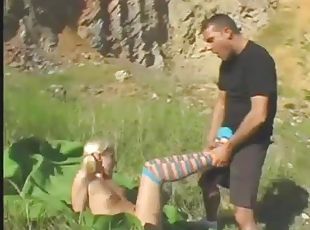 Pigtailed blonde with cute socks fucking outdoors