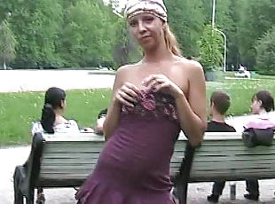 Dress upskrit and tits flash outdoors