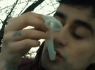 Licking used cum filled condom public