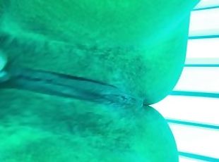 Hairy tight pussy masturbation in public tanning bed