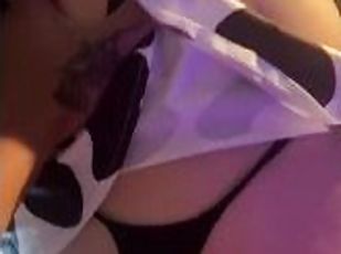 Goth slut got fucked from behind while wearing a cow costume
